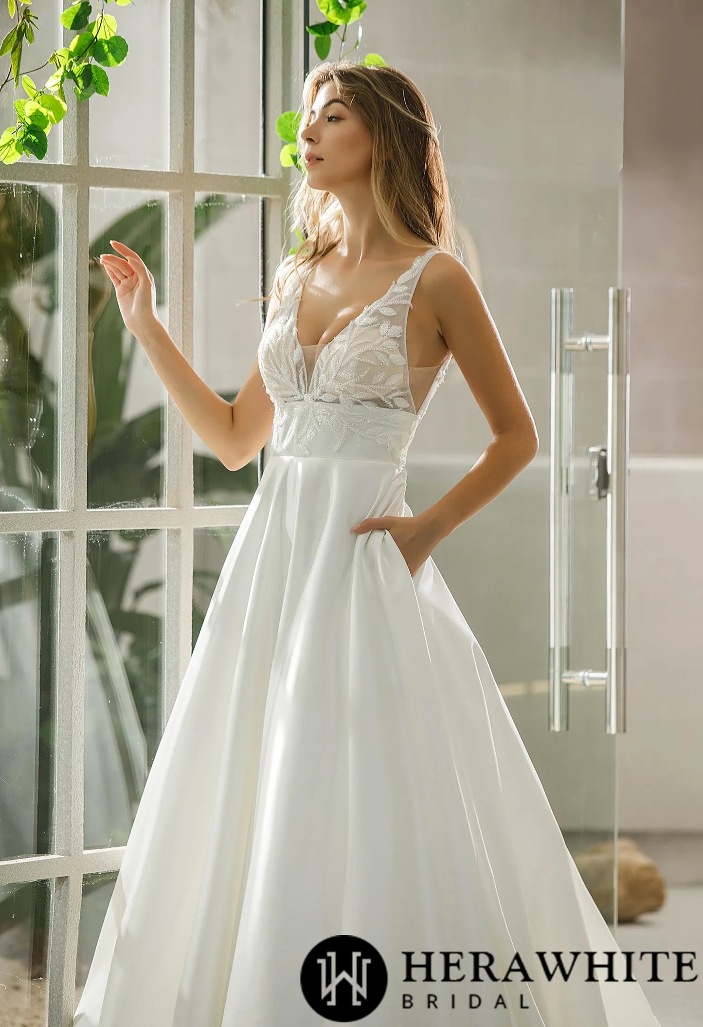Illusion Bodice Satin A-line Bridal Gown With Pockets