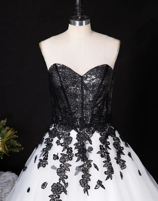 Sweetheart Sequin Ballgown With Black Floral Motifs
