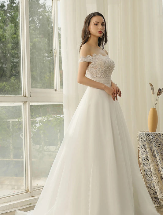 Off-The-Shoulder Beading Lace Pleating Wedding Gown