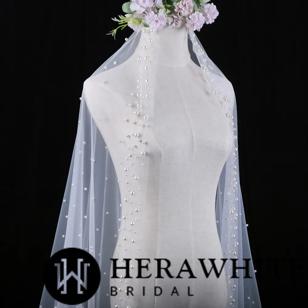 Herawhite Bridal Waterfall Cathedral Pearl Wedding Veil