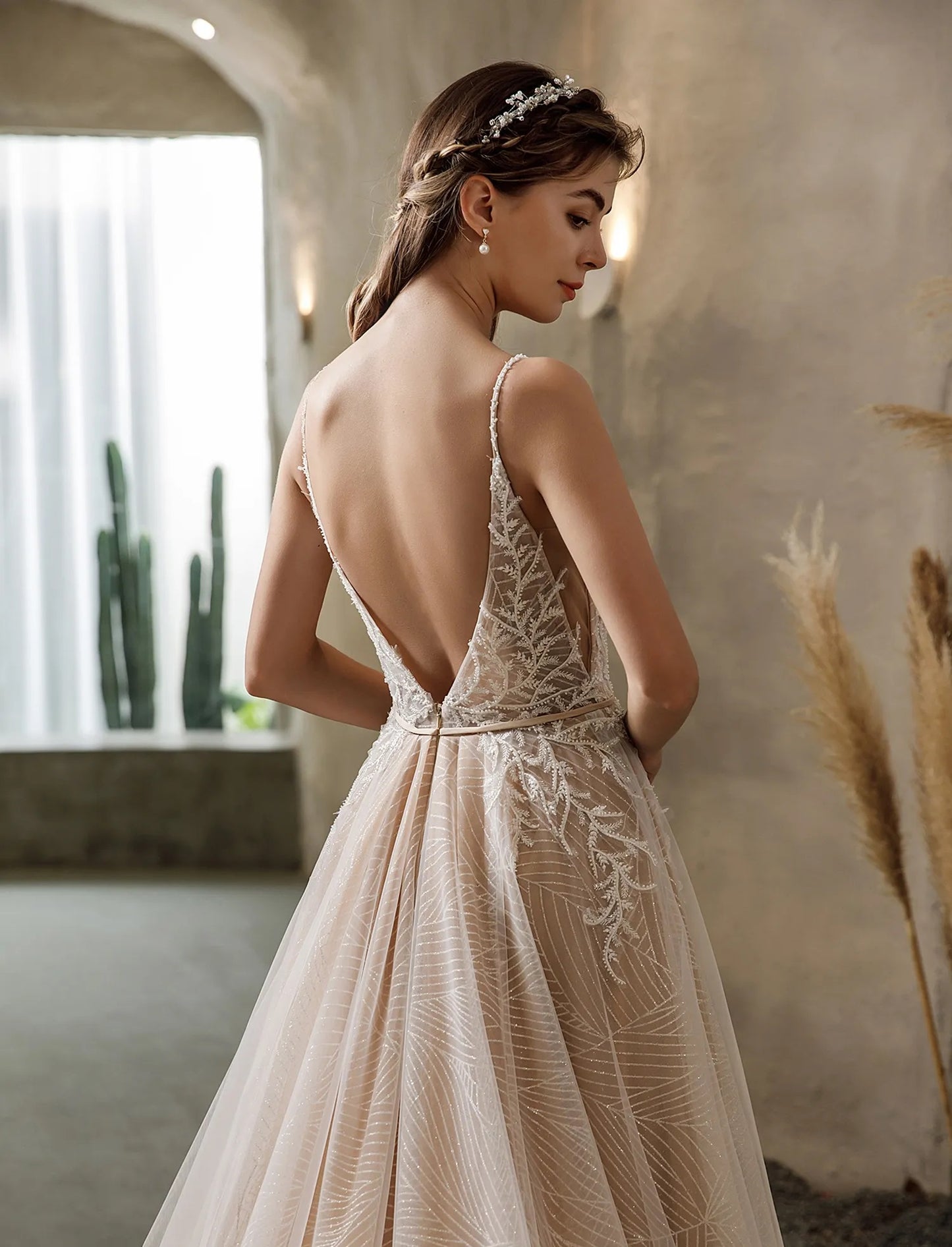 Shimmery Sequined Lace A-line Wedding Dress With Long Train