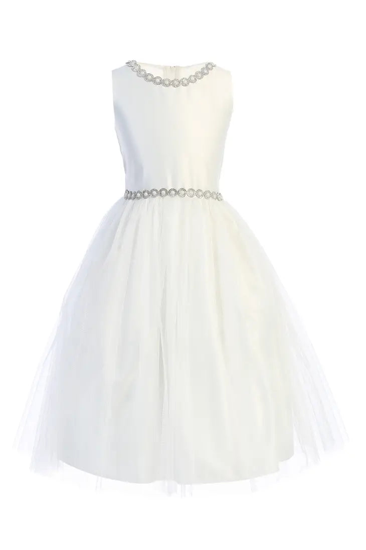 Jeweled Neckline Satin and Crystal Tulle Flower Girl Dress