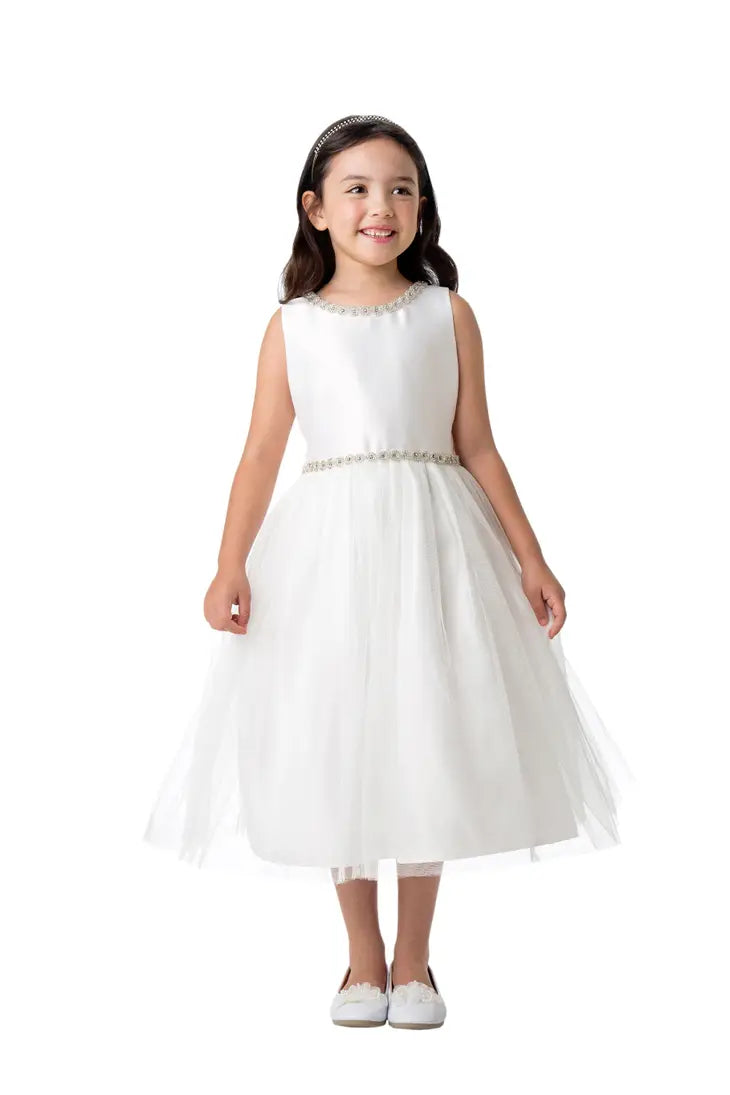 Jeweled Neckline Satin and Crystal Tulle Flower Girl Dress
