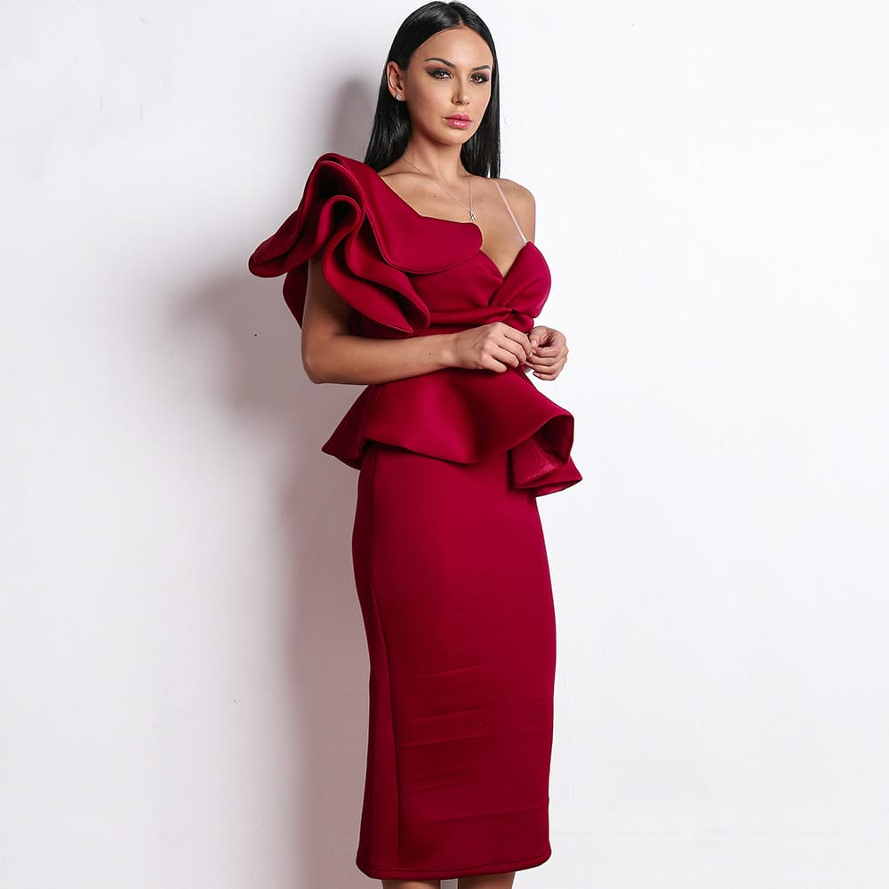 Solid Color Cool-Shoulder Ruffled Evening Dress