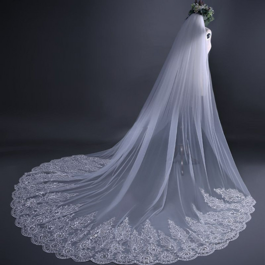 Bridal Cathedral Veil with Rhinestone and Lace