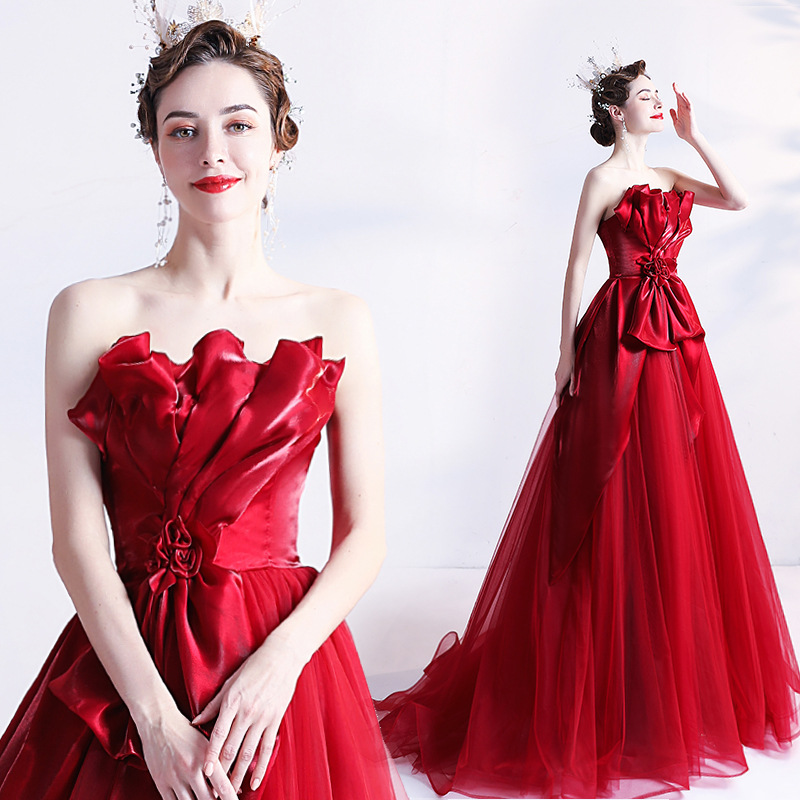 Deep Red Satin and Chiffon Evening Gown
