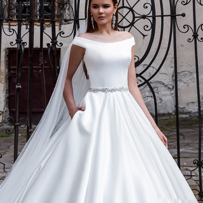 Traditional Cap Sleeve Off-The-Shoulder Satin Wedding Gown