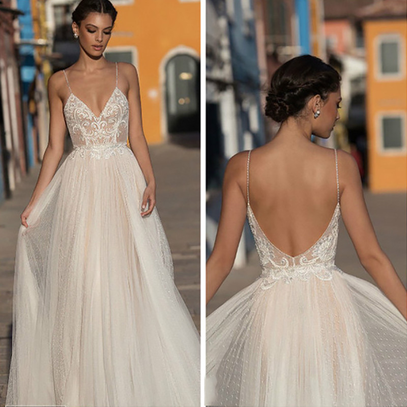Modern Lace Backless V Neck Wedding Gown