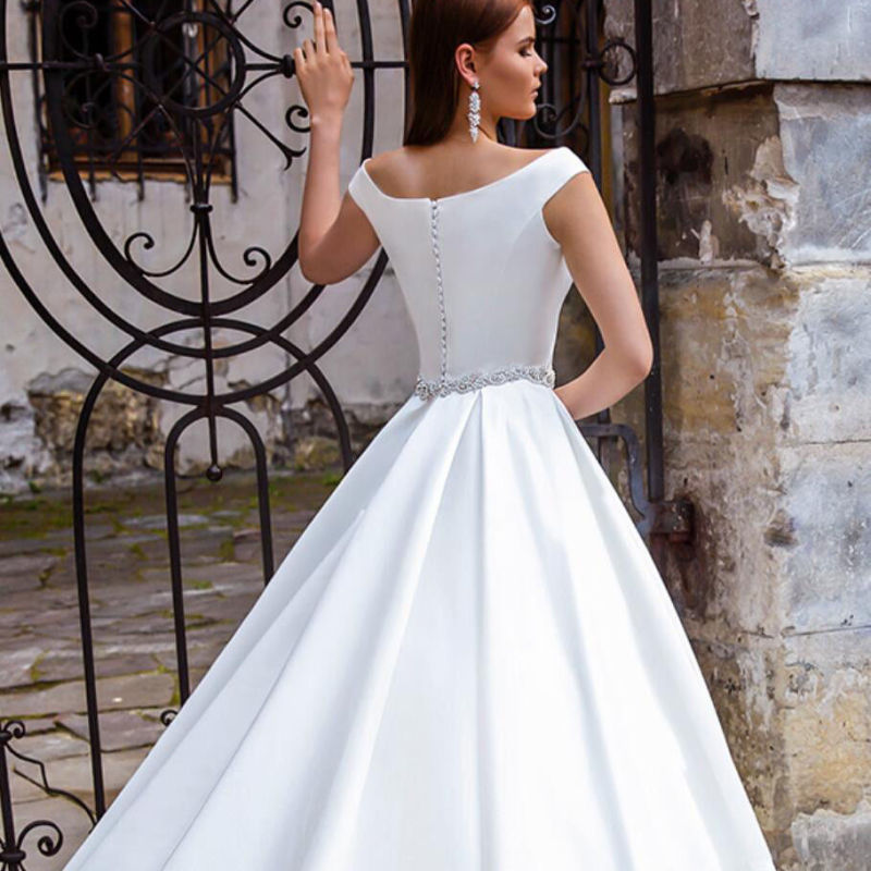 Traditional Cap Sleeve Off-The-Shoulder Satin Wedding Gown