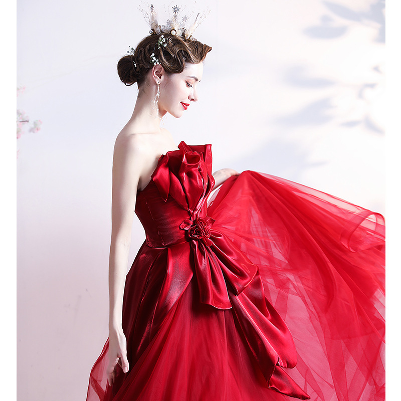 Deep Red Satin and Chiffon Evening Gown